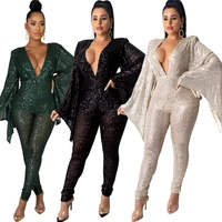 

CD8200 women casual glitter sequin long sleeve one piece jumpsuit