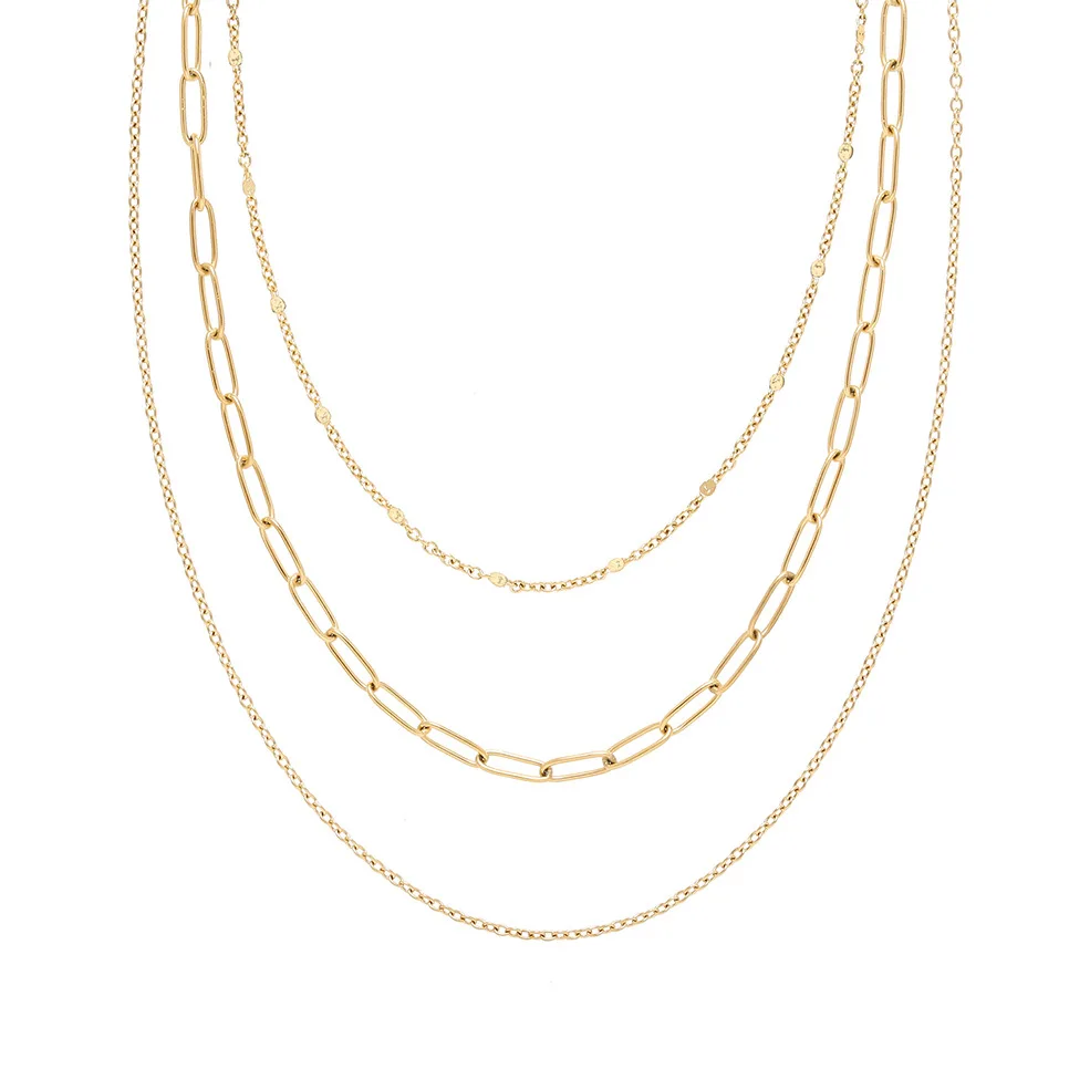 

Joolim Jewelry 18K Gold Plated Three Layers Mixed Chain Necklace Stainless Steel Jewelry Wholesale