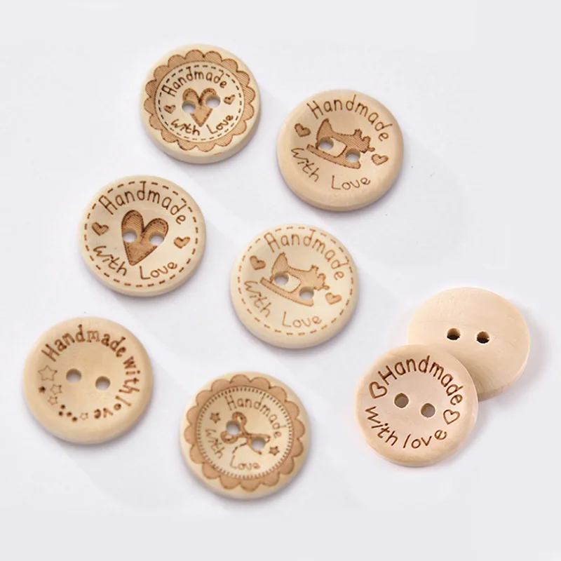 

15mm 20mm 25mm custom 2 hole round laser engraved logo butttons handmade with love wood buttons for kids sweater