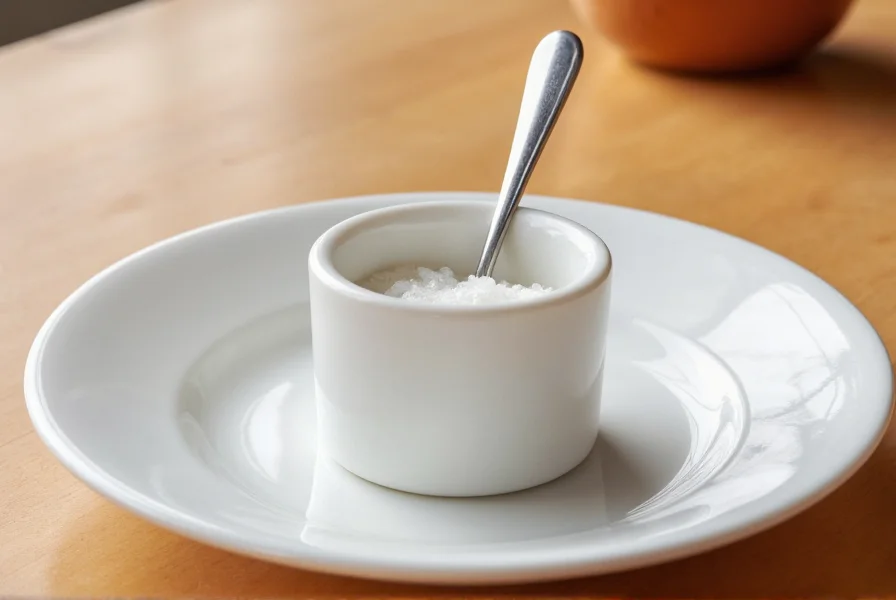 Close-up of salt cellar with small spoon showing proper serving technique