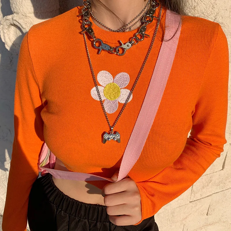 

ZJ1259 Floral Print Cute Crop Top Long Sleeve Autumn T Shirts Women Orange O Neck Casual Basic Streetwear T-Shirt Harajuku