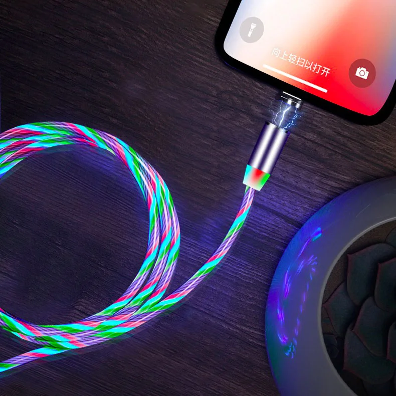 
Factory flowing electric magnetic power led usb charger type c micro usb 3 in 1 usb charging cable for lightning mobile phone 
