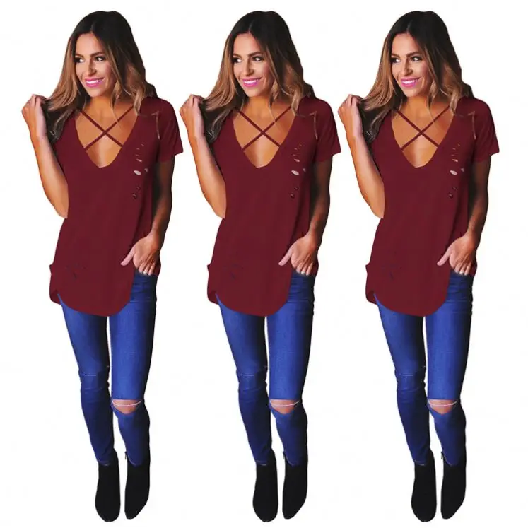 

High Quality Casual Solid Color Short Sleeve Tops Women Cross V Neck Torn Burn Out Cotton T Shirt Tops fun t-shirt