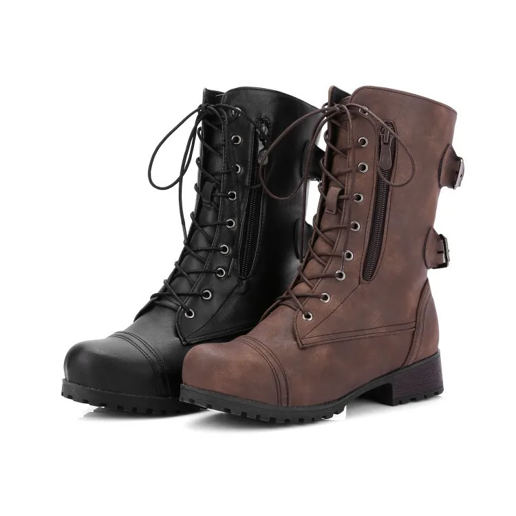 

Autumn Winter Women Boots Punk Side Zipper Buckle Lace Up Mid-calf Boots Motorcycle Platform Boots Big Size