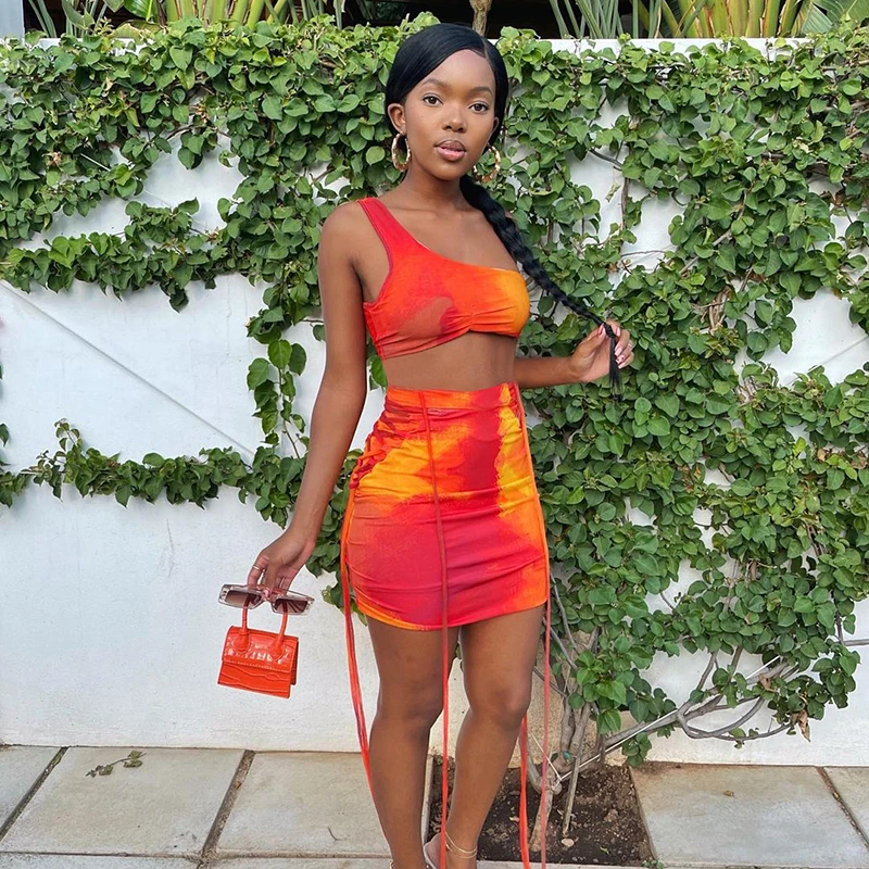 

Bomblook K21ST178 One Shoulder Camis Sleeveless Top And Mini Skirt Drawstring Bandage Two Piece Sets Artistic Print Beachwear