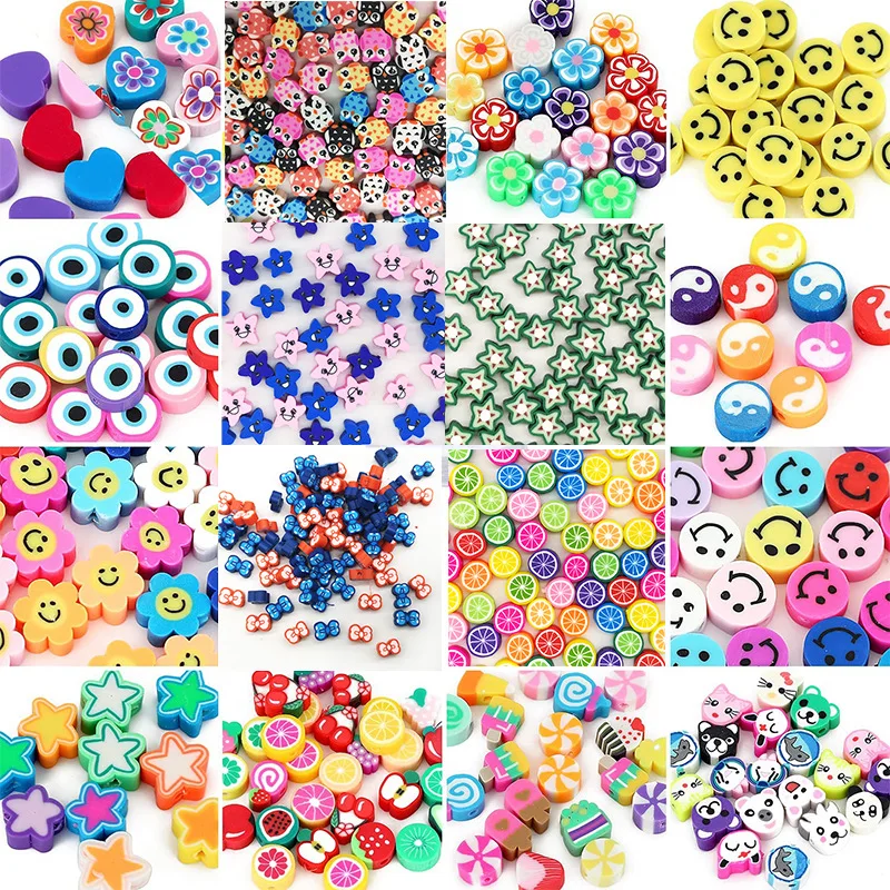 

100pcs Mixed Fruit Spacer Evil Eye Stars Flower fimo beads Colored Polymer Clay Beads for jewelry making, As the option