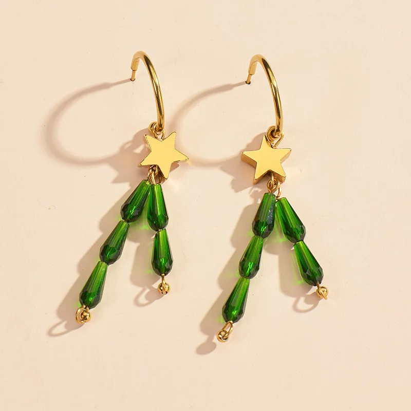 

New Arrival Elegant Gift Stainless Steel Star C Hoop Crystal Earring Long Green Crystal Beads Tassel Earring For Party