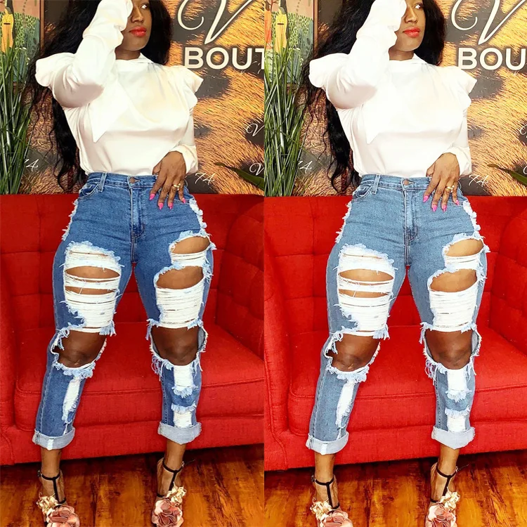 

Summer Good Fabrics Jeans Pencil Pants Hole Ankle Length Button Denim Zipper Patchwork Women Jeans, 2 colors