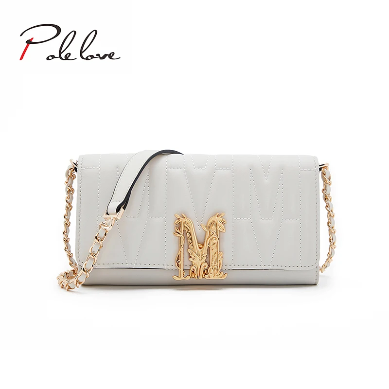 

new arrival lux fashion envelope bag women chain handbag golden carved M label shoulder bag, White