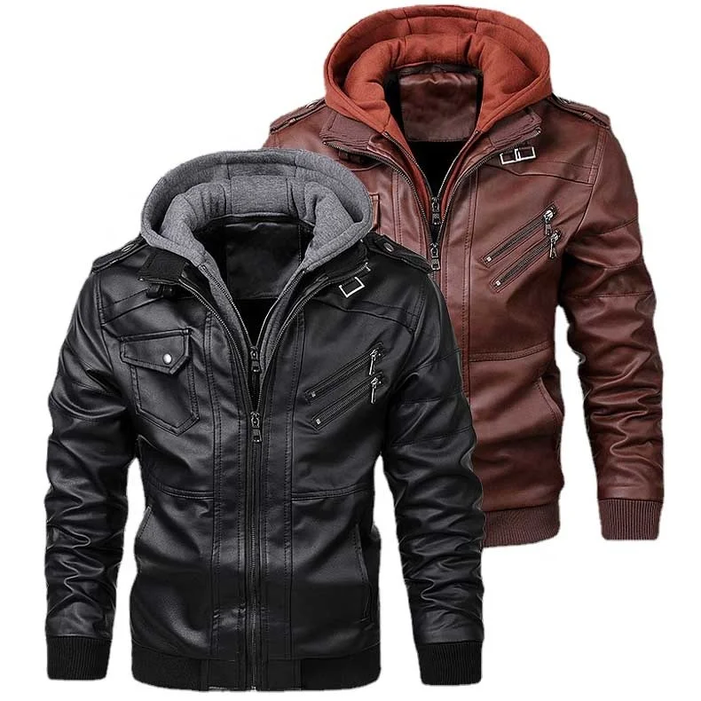 

High Quality Mens Removable Hood Pu Faux Leather Moto Hoodie Stand Collar Coat Motorcycle Clothing Bomber Jacket