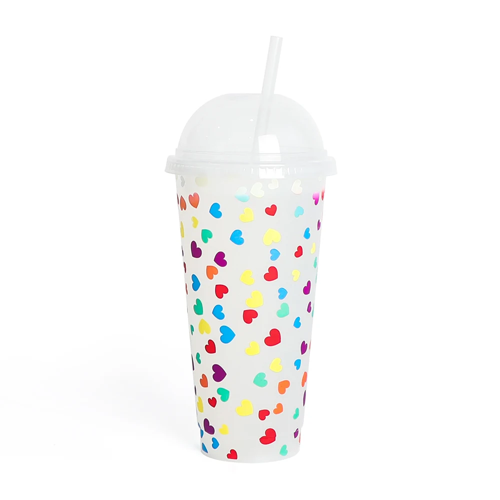 

Heart reusable bulk wholesale sets tumbler kids clear 24 oz cold plastic coffee color changing cup with lids and straws, Customized color plastic pp cup