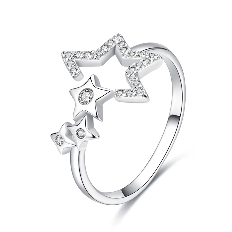 

2021 Custom Star CZ Stone Adjustable Ring Jewelry Fashion Silver Pentagram Open Rings For Women
