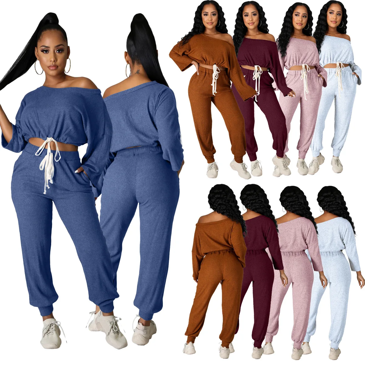 

2021 New Autumn Women Clothe Set Solid One Shoulder Shirt Two Piece Pants Set Fall Women Clothing