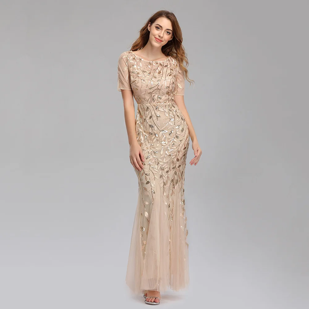 

Plus Size Fat Elegant Dark Blue Women Evening Dresses Mother Of The Bride Clothing Short Sleeve Party Maxi Sequin Evening Dress