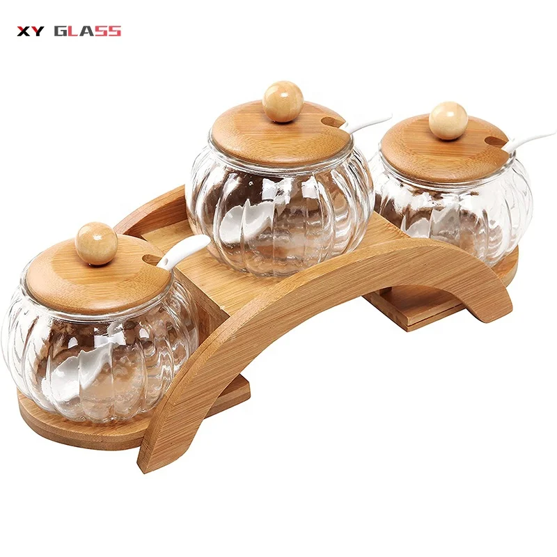 

Antique design storage recycled cooking with bamboo lid tray glass seasoning jar, Transparent