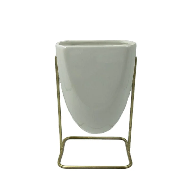 

Hot selling white ceramic dolomite flower pot with iron stand, As photo