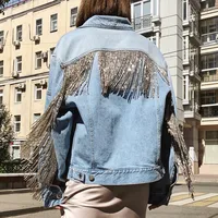 

new luxury ladies denim jacket fashion women dangle chain beadings fringes jean short punk cool denim coat Motorcycle jacket