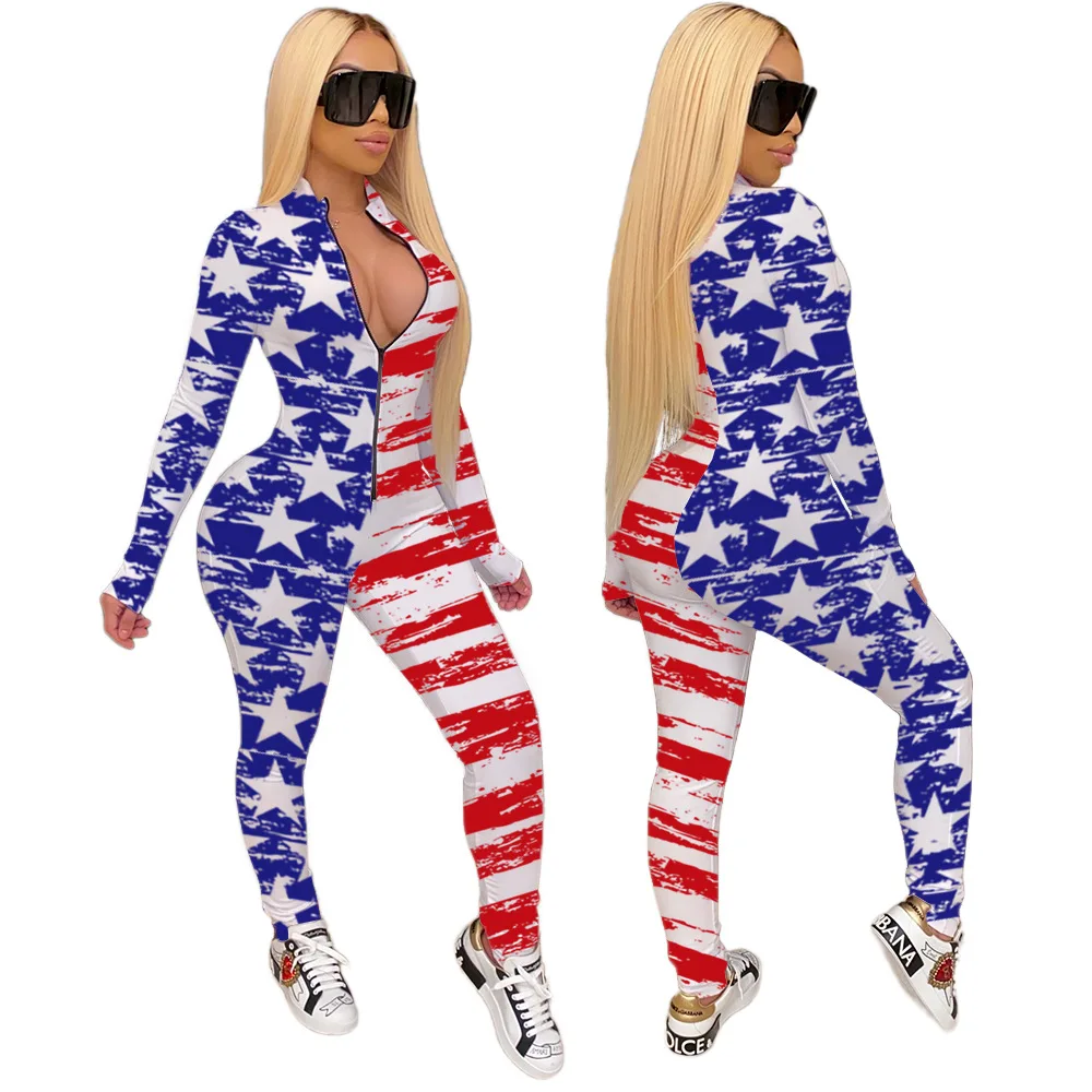 

F21337A 2021 hot sale sexy American National Day Independence Day women zipper printed jumpsuits, Blue