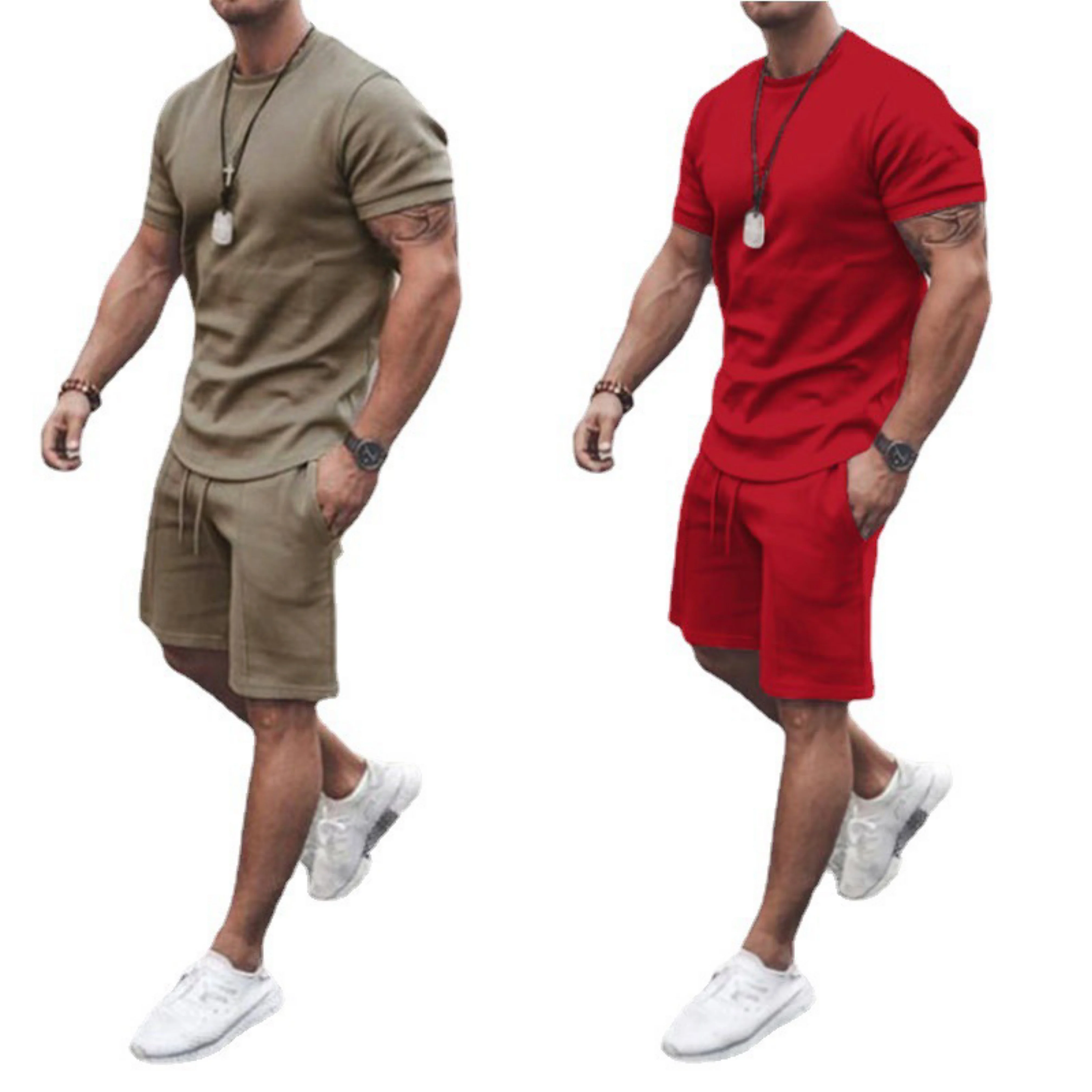 

2021 Summer Solid Printing Trend Men's Street Fashion Casual Slim Shorts Set Cotton Short Sleeve T-Shirt 2 Piece Sets