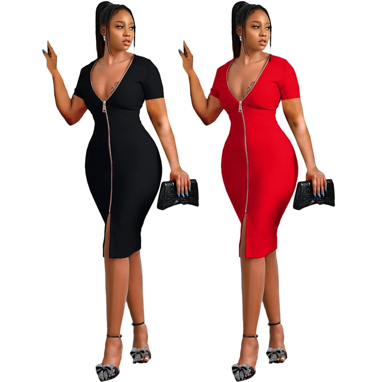 

N8038-2021 new arrivals ladies short sleeve casual dresses zipper bodycon dress