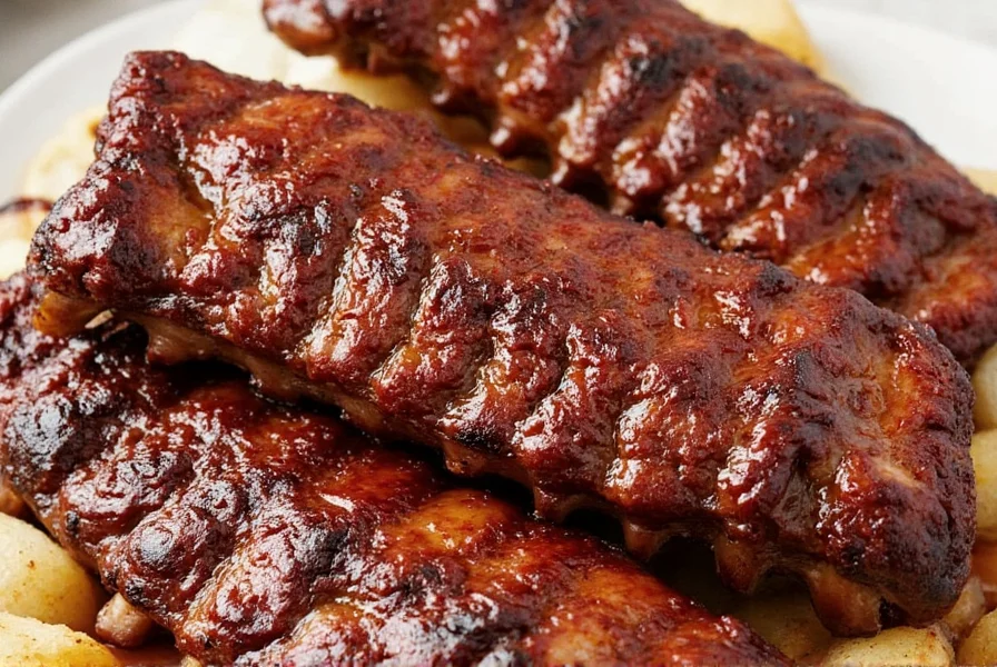 Finished ribs served on wooden platter