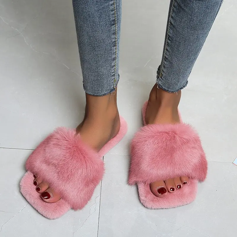 

PDEP high quality cheap fur slippers comfortable soft candy color square head faux fur slides slippers plush sandal for women, White,green,black,khaki,pink