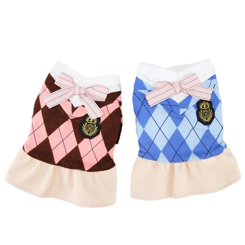 

Custom Wholesale Pet Apparel Warm Dog Clothes Winter Plaid Bow Dog Dress College Style Cotton Dog Skirt