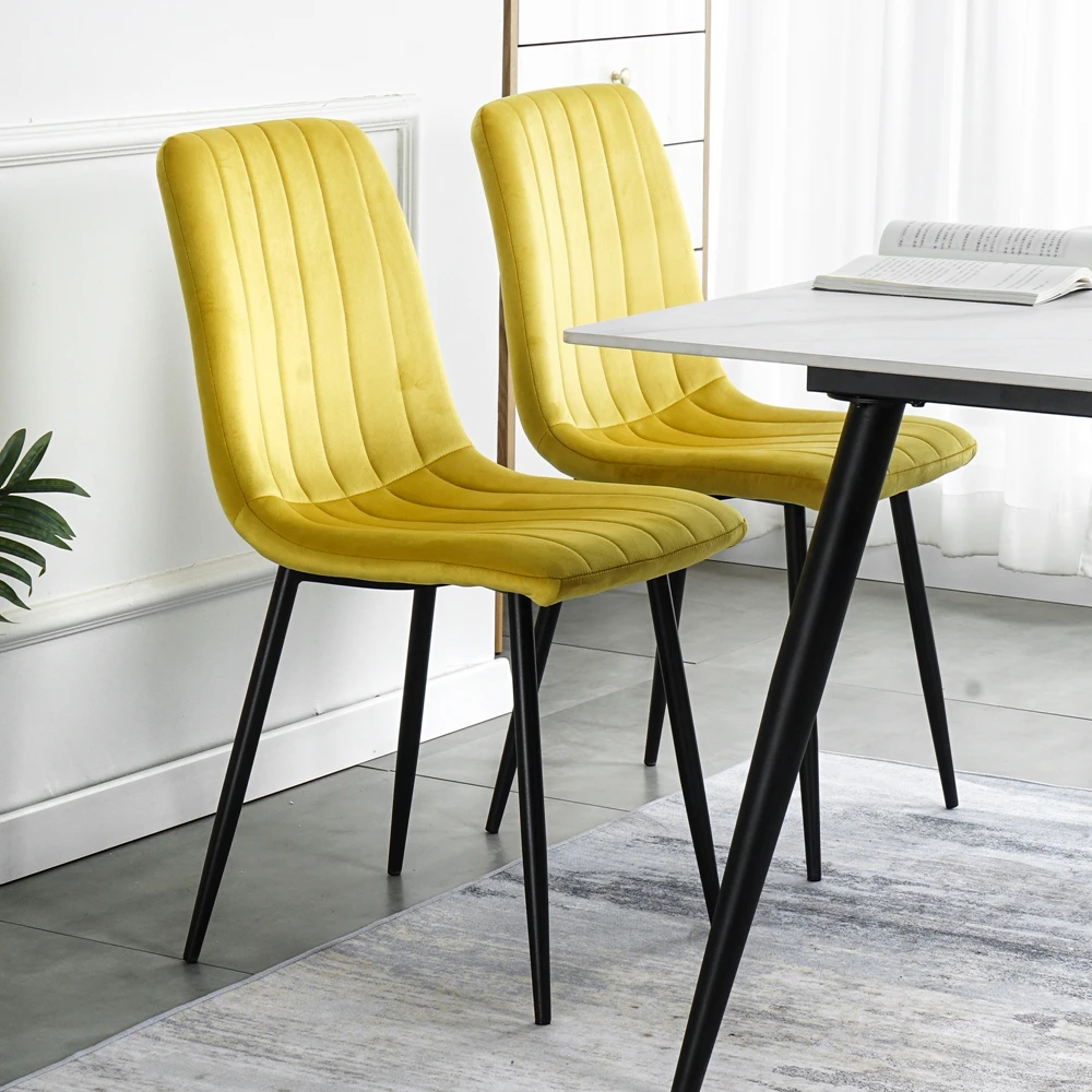 

Home Hotel Restaurant Dinning Room Modern Yellow Fabric Dining Chair With Black metal Legs