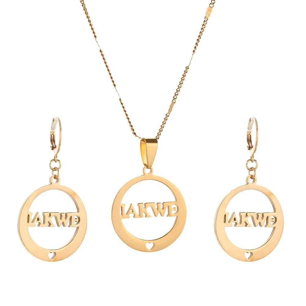 

Stainless Steel IAKWE Round Pendant Necklaces and Earrings for Women Gold Color Jewelry Set