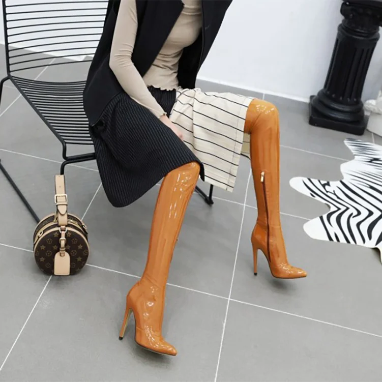

Fashion Western High Quality Comfortable Women Shoes Sexy Stiletto Heel Boots Side Zipper Night Club Over Knee High Boots, Black brown apricot red white