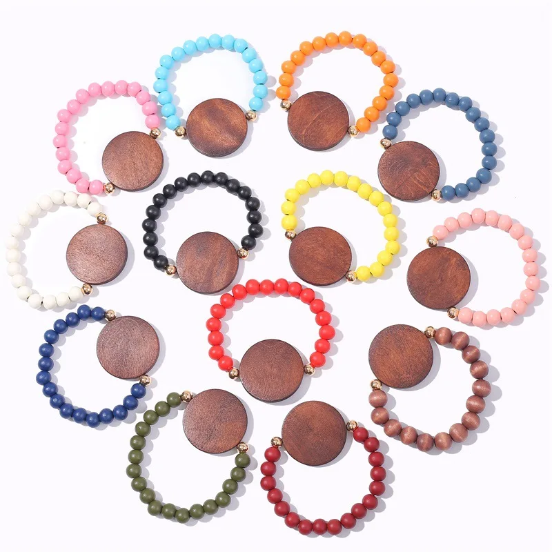 

2021 Personalized Monogram Blank Disc Wooden Beads Stretch charm bracelet, As a pic