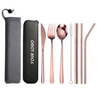 

Luxury Travel Rose Gold 304 Stainless Steel Metal wedding party Cutlery knife Fork Spoon Baba Straws Portable Flatware 9PCS set