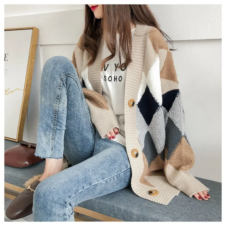 

Women's Sweaters Autumn Winter fashionable Casual Plaid V-Neck Cardigans Single Breasted Puff Sleeve Loose