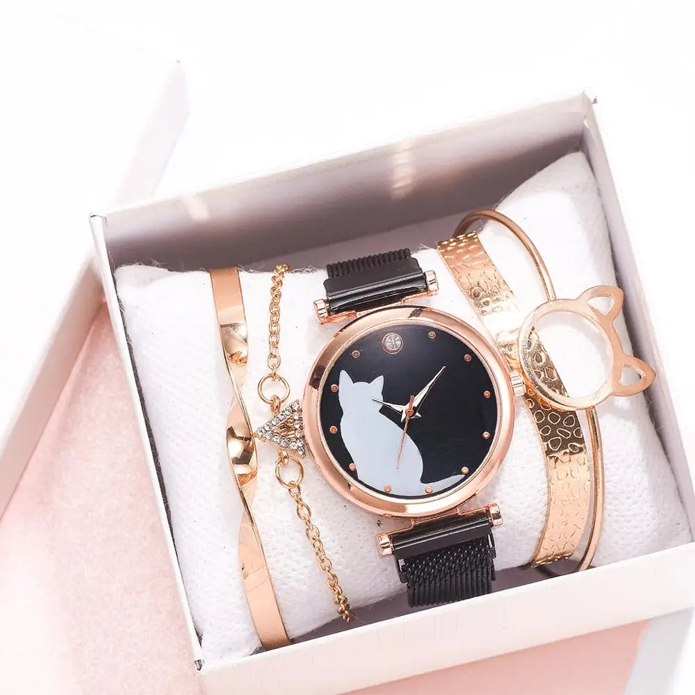 

5pcs/set Women Watches Rose Gold Bracelet Set Cat Pattern Black Magnet Watch Ladies Bracelet Wrist Watches Luxury Quartz Clock