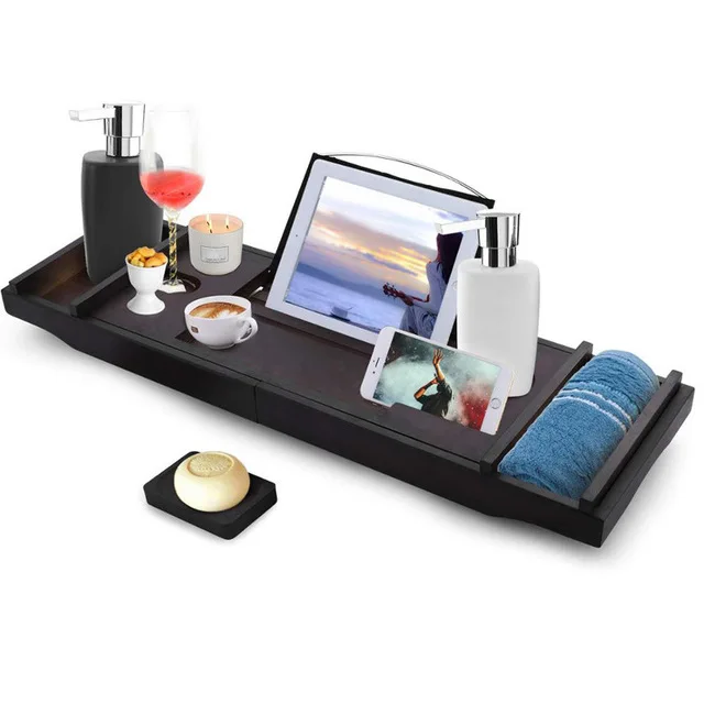 

2021 High Quality Luxury Black Expandable Bamboo Bathtub Caddy Tray With Legs