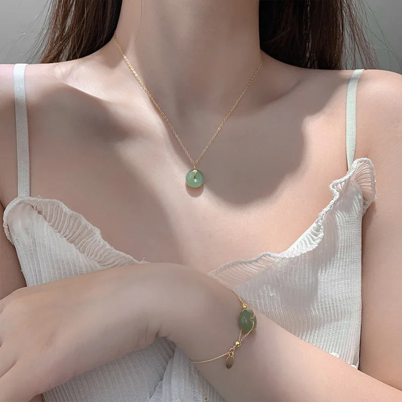 

14K Real Gold Plated Round Shaped Natural Hetian Jade Pendant Necklace Bracelet Chic Green Jade Jewelry Set For Birthday Gift