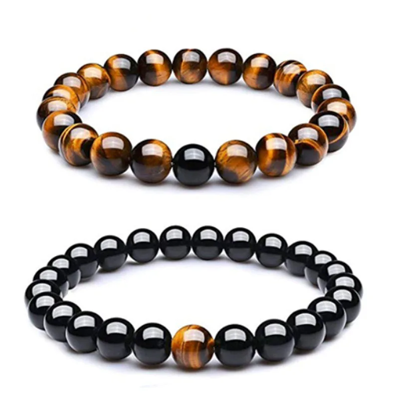 

Hotsale Design 2Pcs/Set Tiger Eye Stone Beads Bracelets Natural Stone Black Obsidian Beaded Bracelet Set For Best Friend