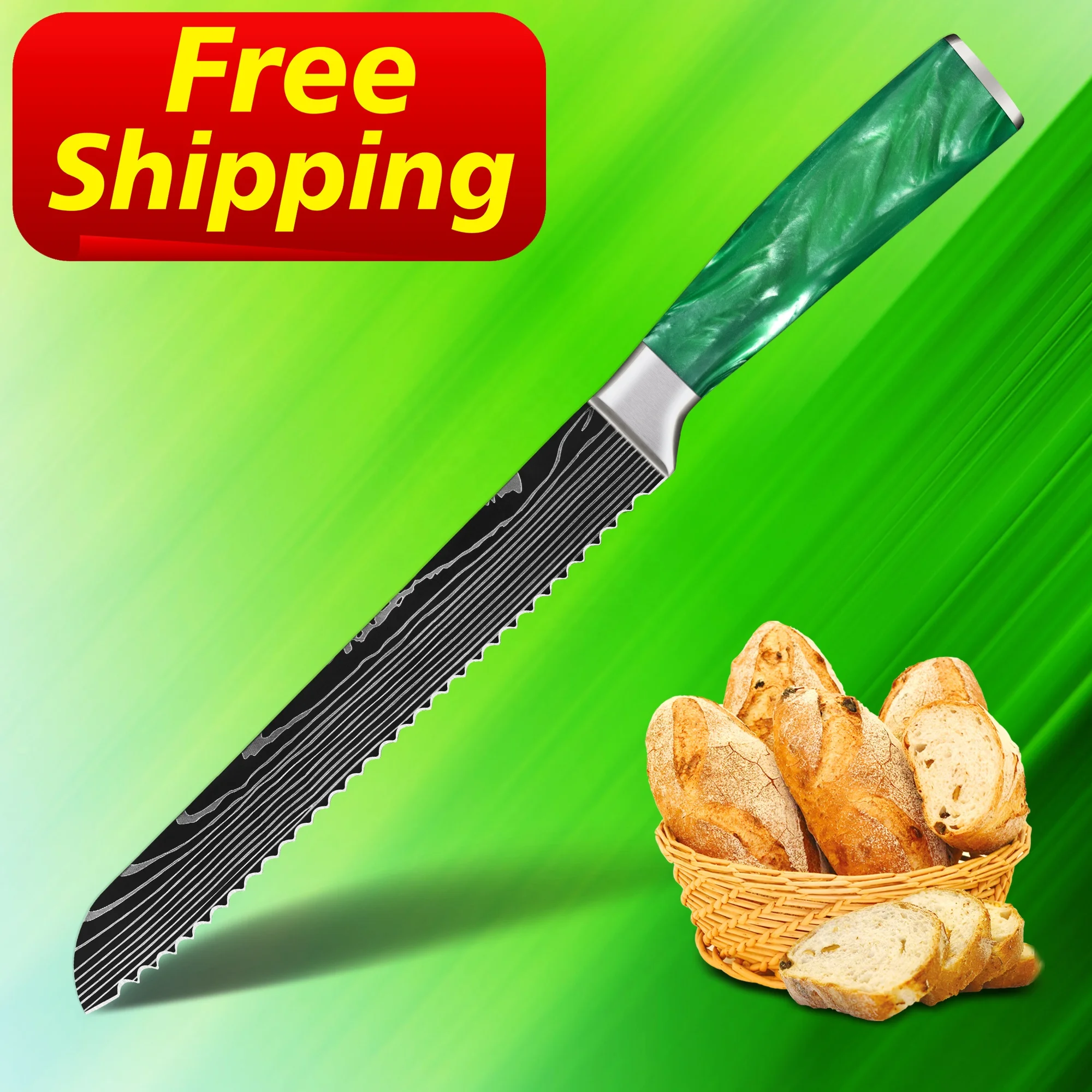 

Free Shipping Jadeite Green Resin 8 inch damascus kitchen bread cutting knife bread separator scale knife knife bread oem, Customized color