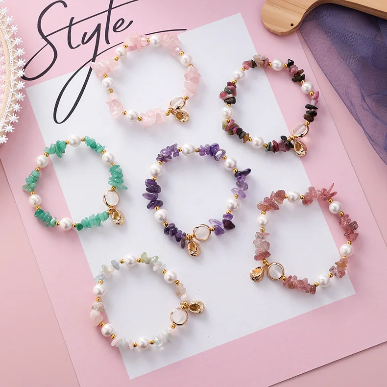 

Bohemian Natural Irregular Stone Crystal Beads Charm Bracelet for Women Korean Sweet Pearl Elastic Bracelet (SK937), As picture
