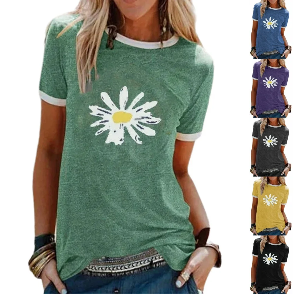 

Little Daisy Printed Round Neck T Shirt,Short Sleeve Solid Woman Tops, Picture