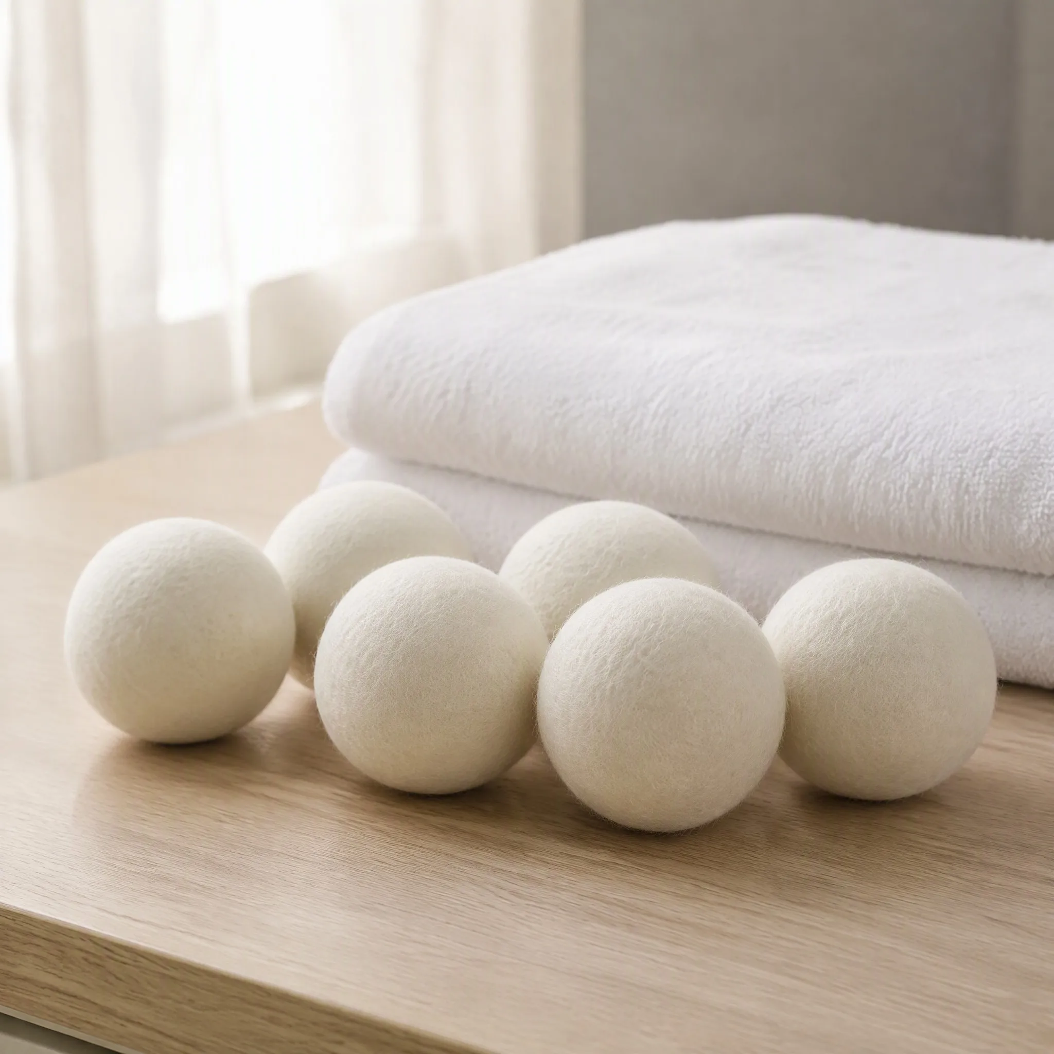 Premium New Zealand wool dryer balls styled with folded white towels on a light wooden table
