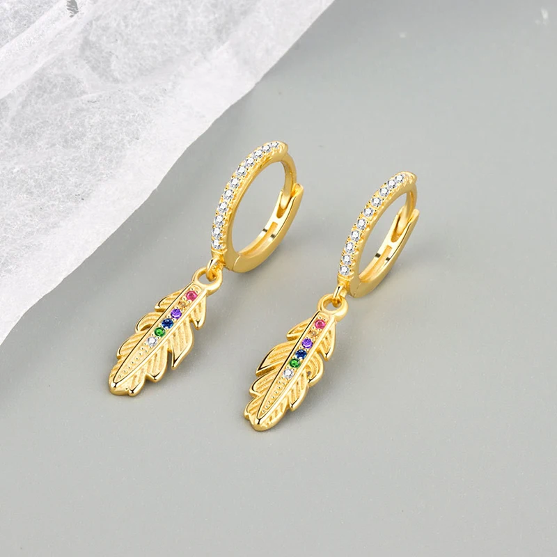 

ENSHIR High-quality Feather Color Zircon Earrings Metal Wind Long Ear Buckle For Women, Gold,silver