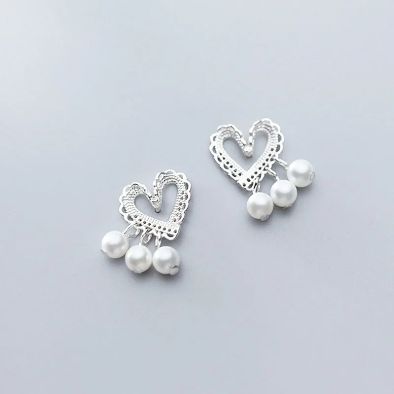 Creative Pure Sterling Silver 925 Woven Lace Heart Stud Earring Tarnish Free S925 Silver Hollow Heart Pearl Drop Earring