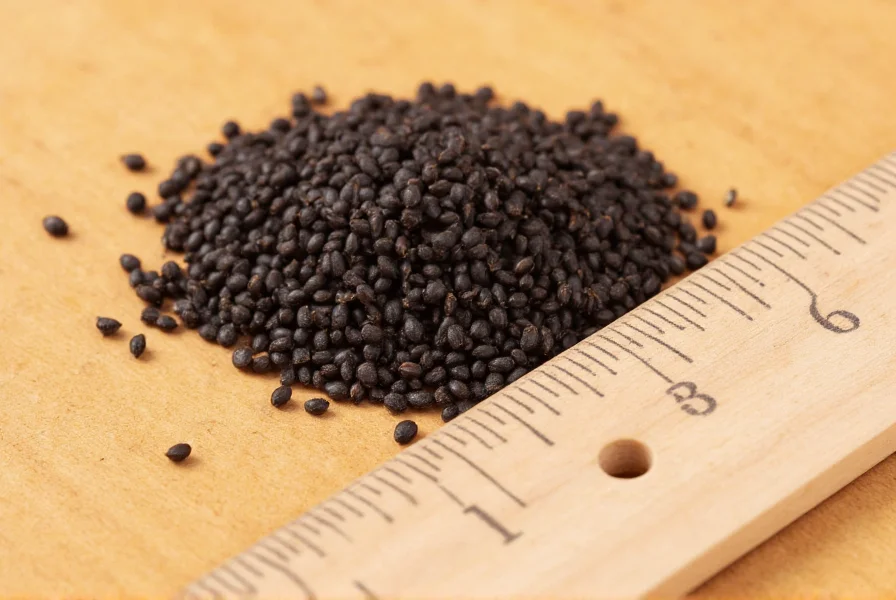 Close-up photograph of black mustard seeds (Brassica nigra) on a wooden surface with measuring ruler showing their tiny 1-2mm size