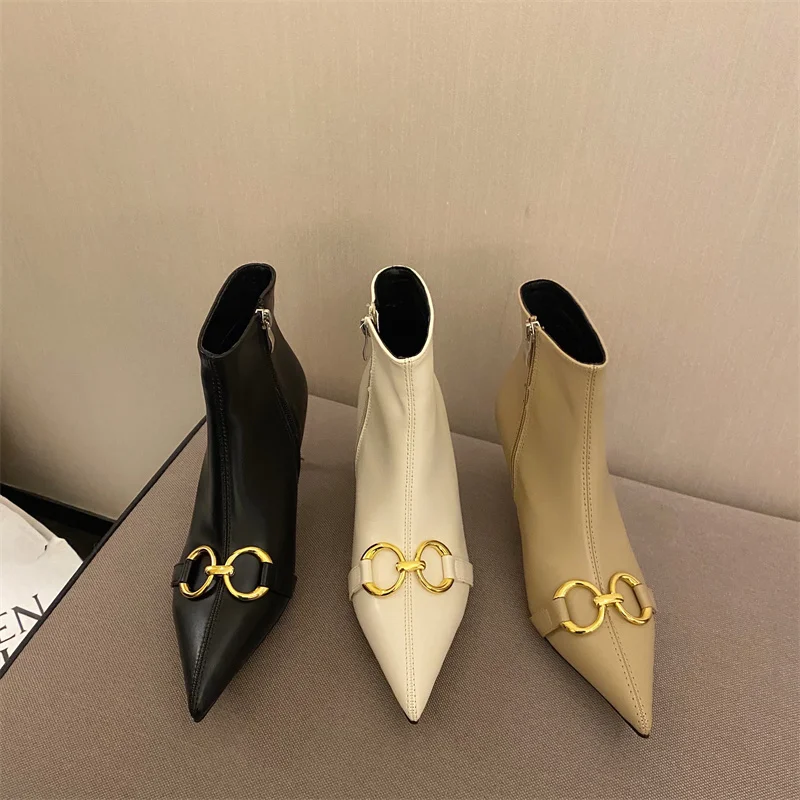 

2022 Winter High Quality Soft PU Leather Women Ankle Boot Pointed Toe Chain Thin Low Heel Short Boots Slip On Chelsea Boots