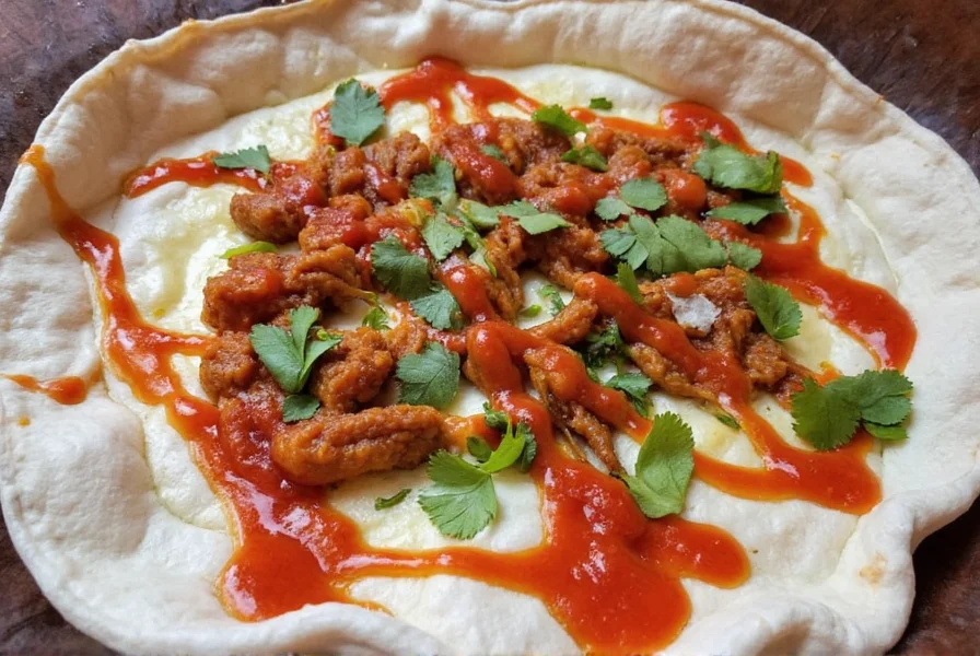 Final shot of a plate of mezze with hummus, flatbread, olives, and Aleppo pepper sprinkled on top