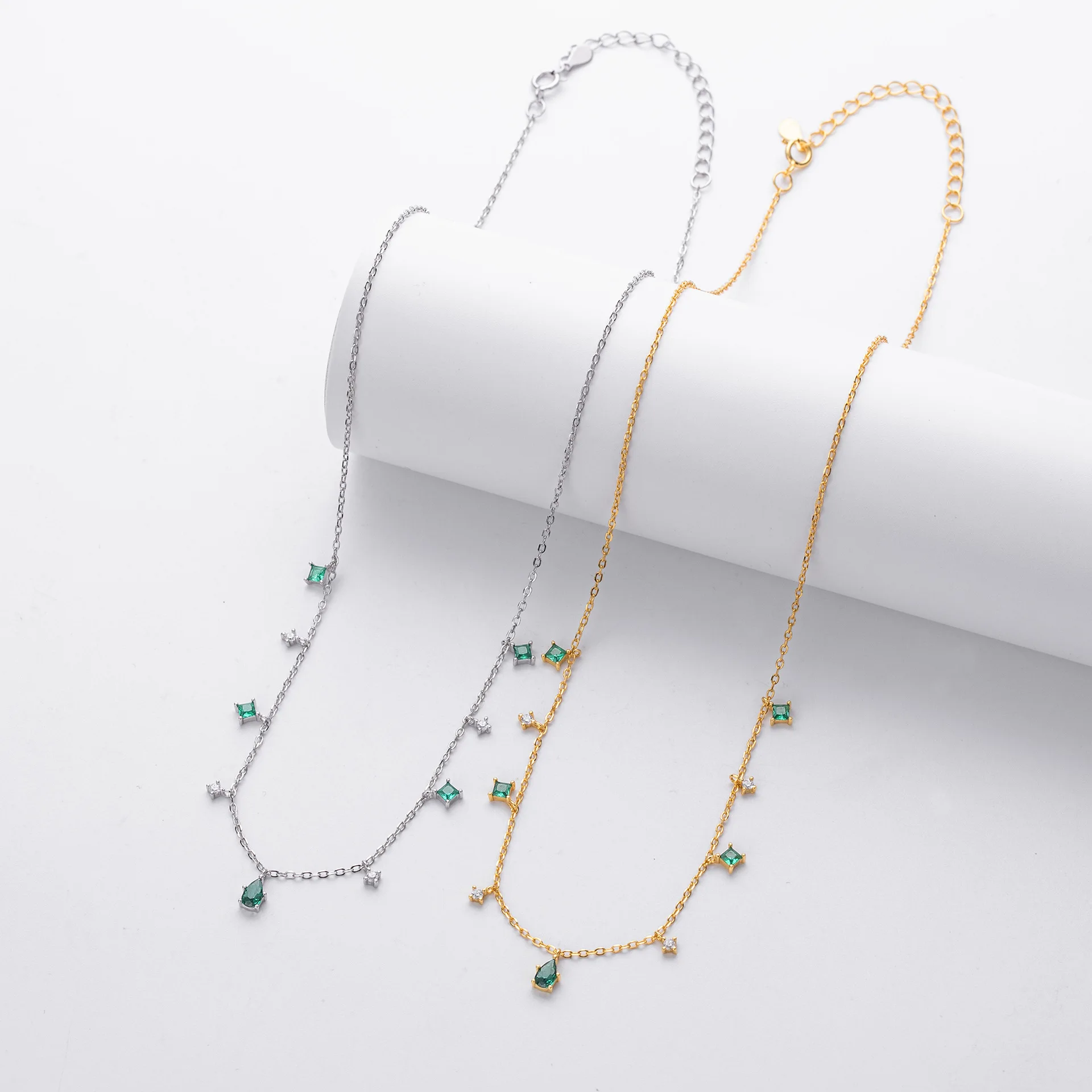Sterling Silver Jewelry S925 Water Drop Shape Necklace Jewelry Geometry square Minimalist Emerald Zircon Clavicle Necklace Women