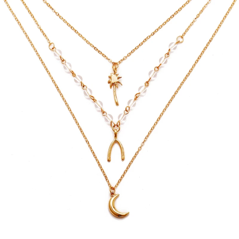 

Fast Ship Gold Plated Layered Moon Tree and Y Shape Pendants Necklace for Women Jewelry