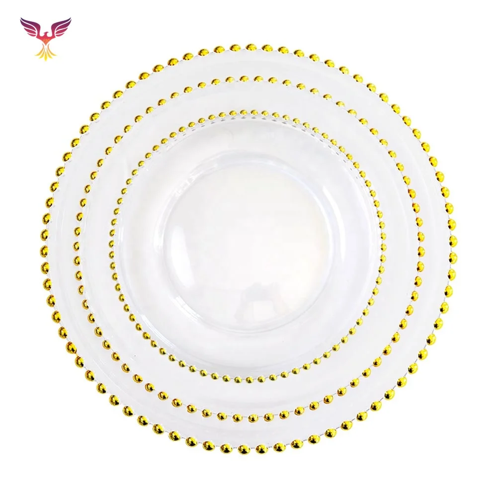 

Wedding Glass Gold Beaded Food Safe Cheap Wholesale 13" Luxury Crystal Charger Plate, Clear or color coating