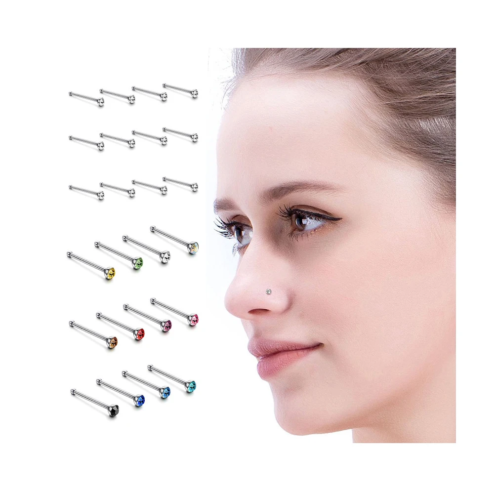 

60 pcs in Box Exotic L shape Stainless Steel Custom Design Woman Crystal Brief Jewelry Nose Ring, Gold, rose gold, silver